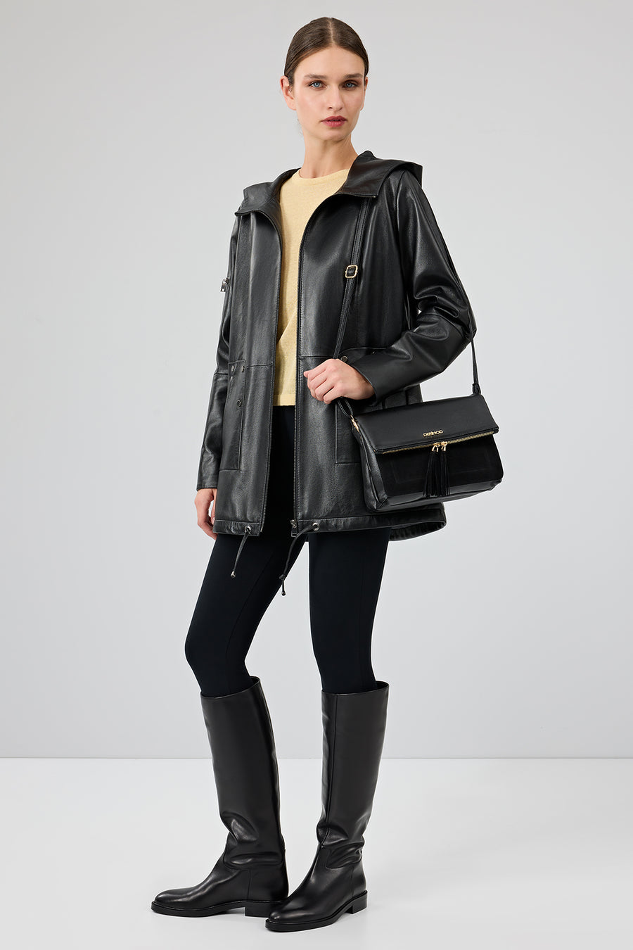 Cindy Women's Black Hooded Leather Coat