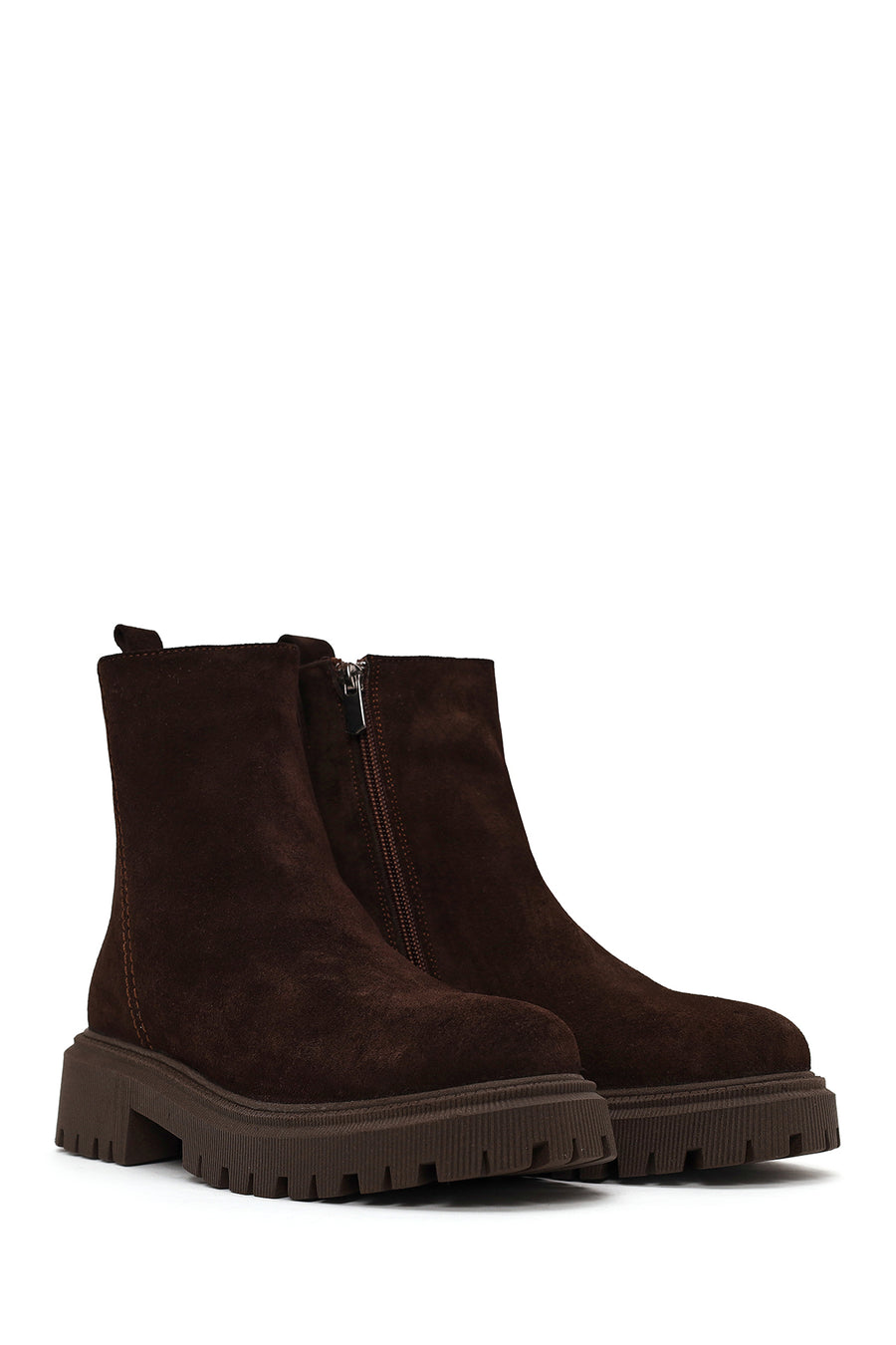Woman Brown Zip Closure Thick-Soled Suede Boots