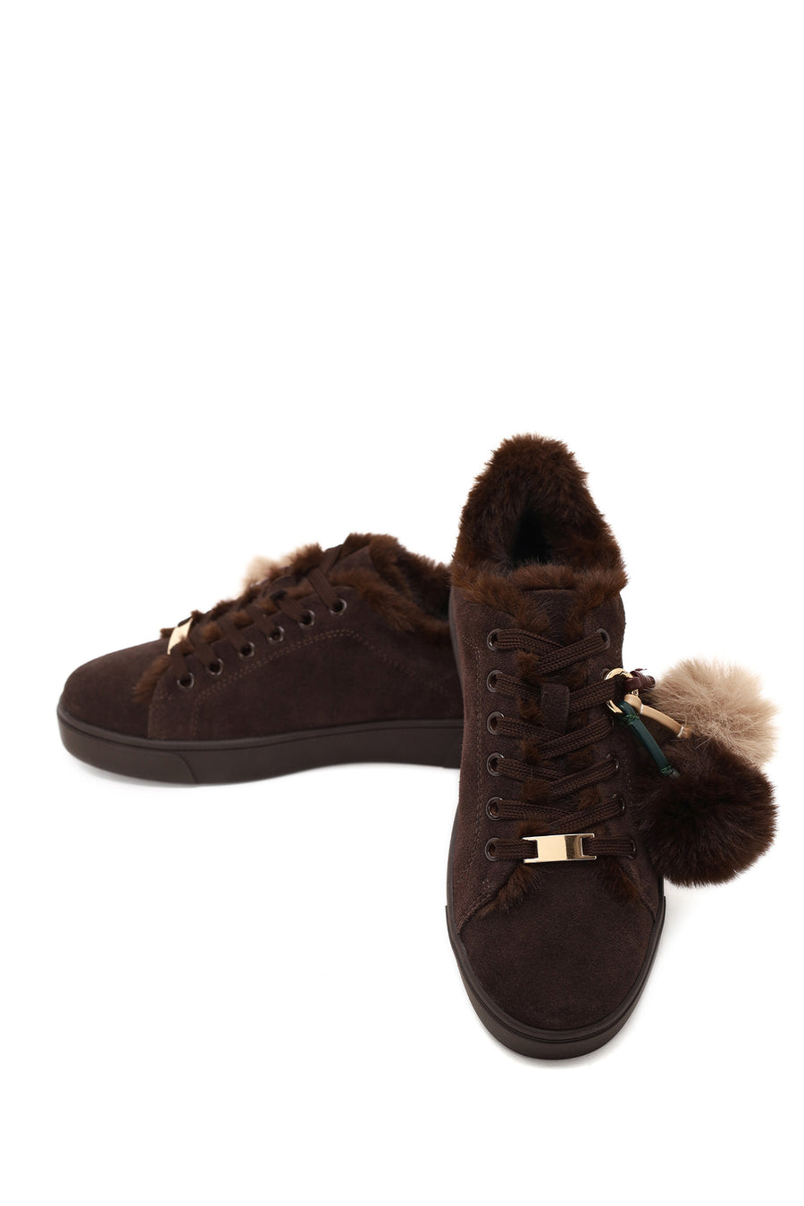 Kadın Kahverengi Bağcıklı Charmlı Süet Deri Teddy Sneaker