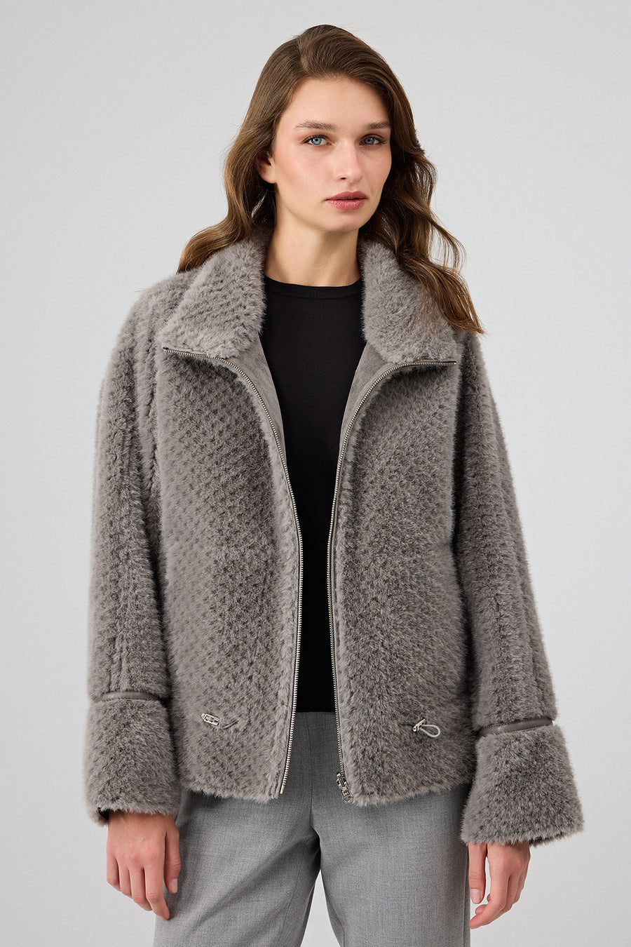 Luzern Women's Gray Reversible Teddy Coat 25WGP5318FF | Derimod