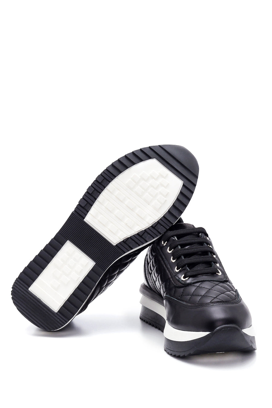 Kadın Siyah Deri Kalın Tabanlı Sneaker