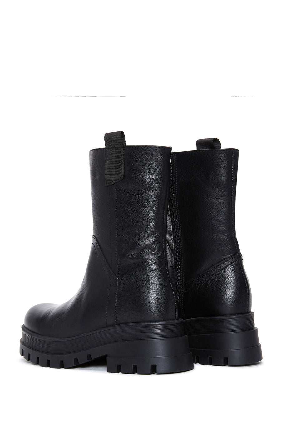 Women's Black Leather Zippered Thick Soled Boots