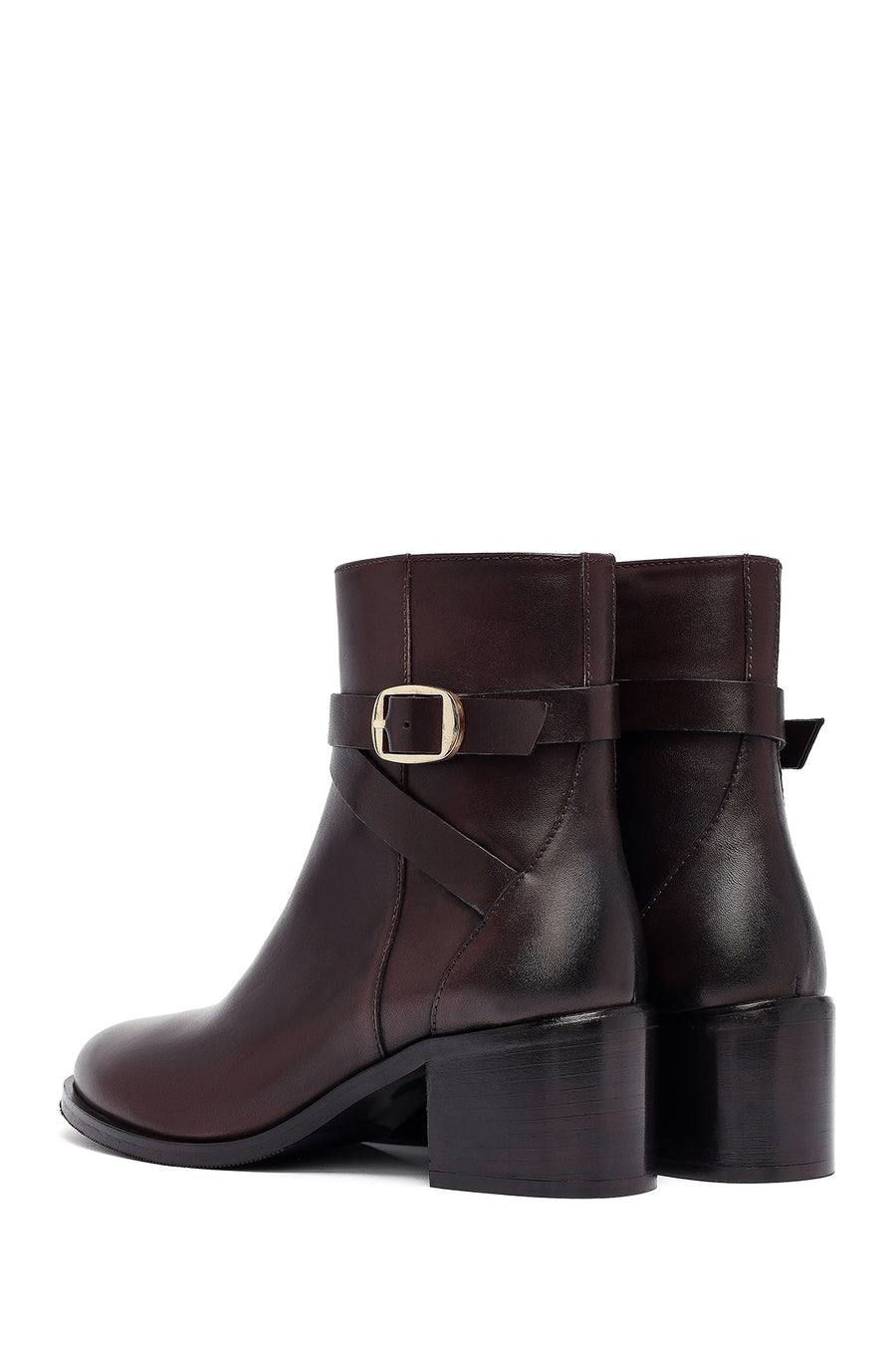 Woman Brown Zip Closure Chunky Heeled Leather Boots