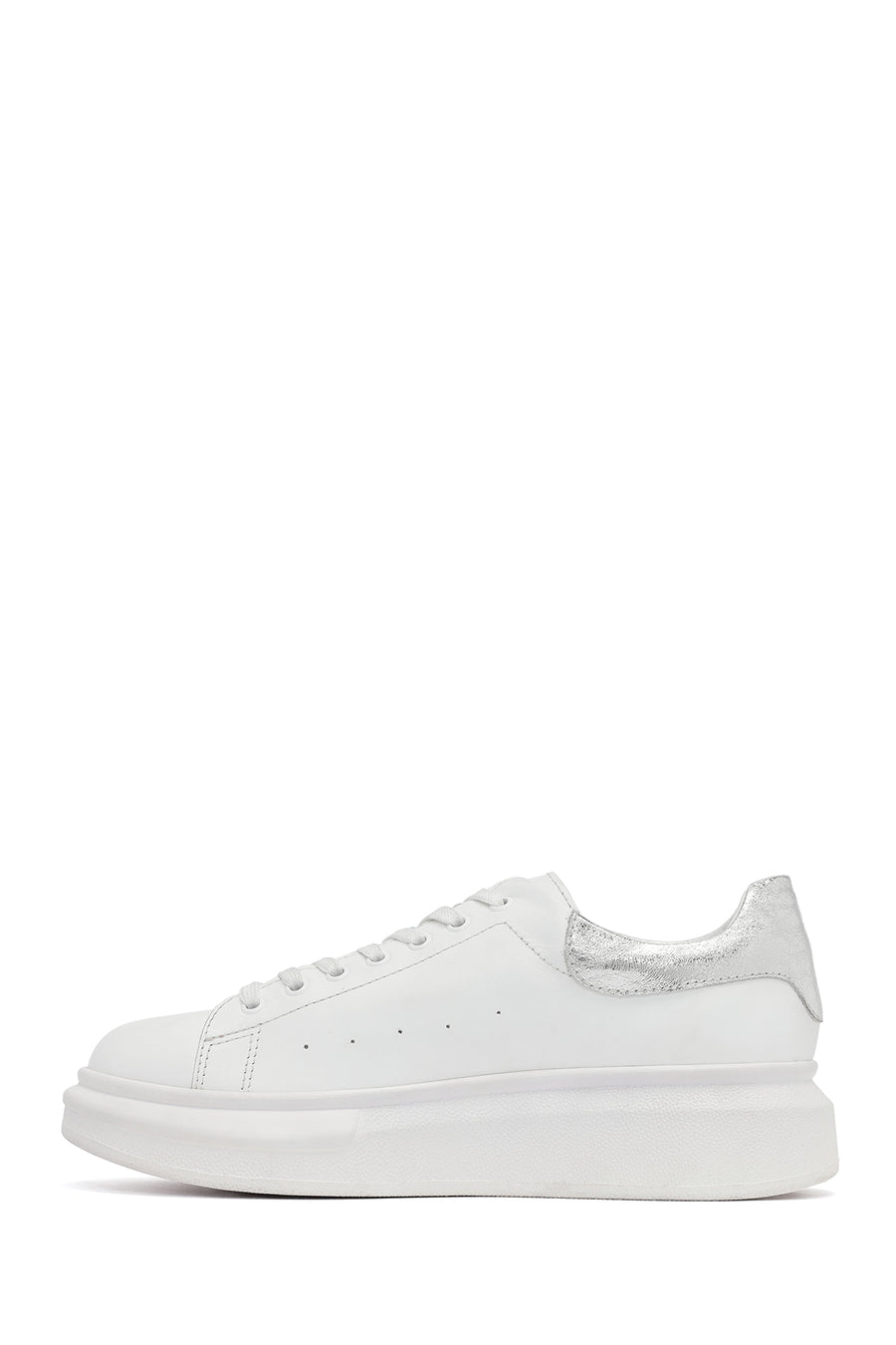 Woman White Laced Thick Sole Leather Sneakers