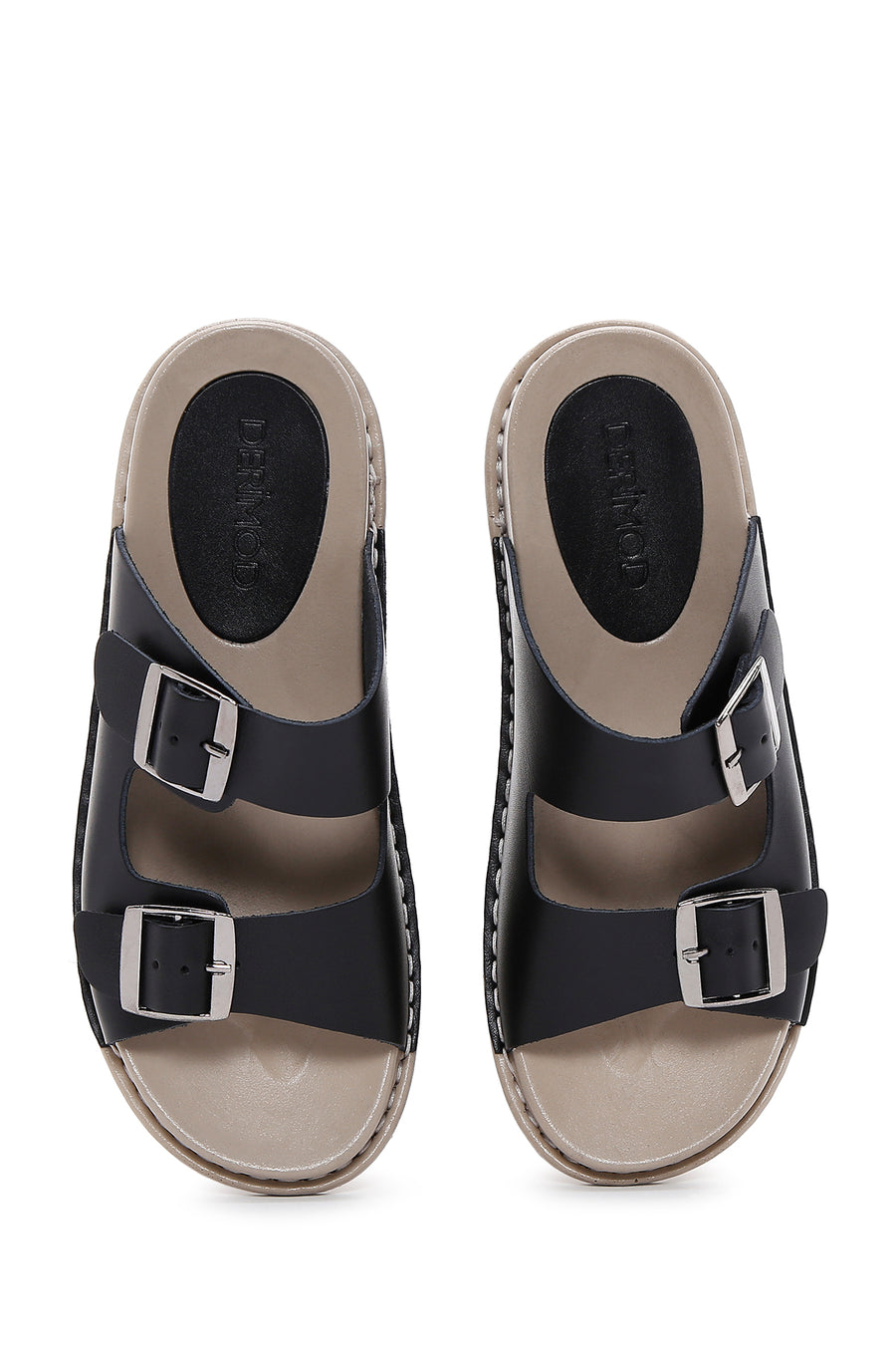 Women's Black Leather Buckle Comfort Slippers