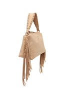 Woman Beige Suede Shoulder Bag with Long Chain Strap and Tassel | Derimod