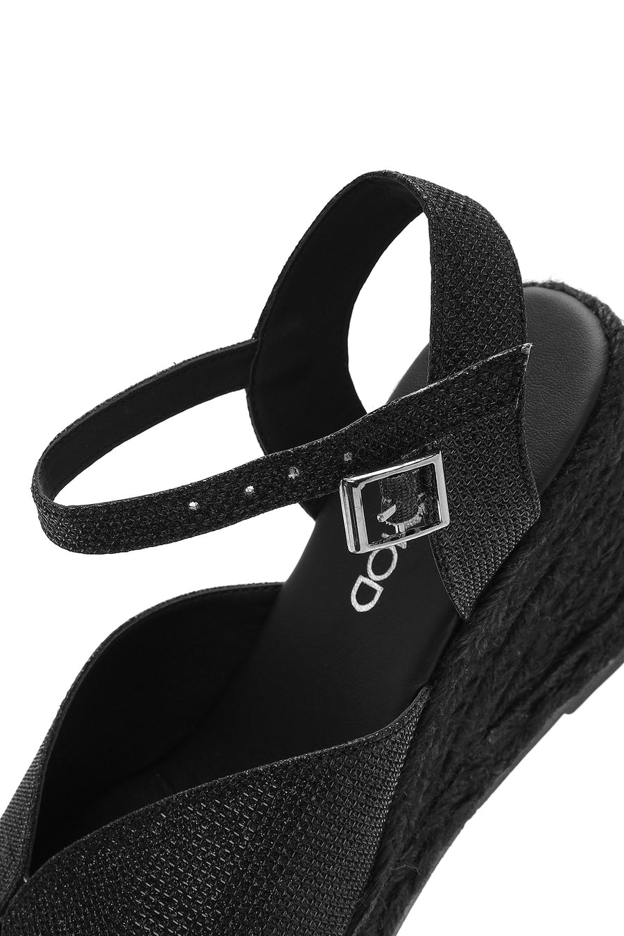 Women's Black Glitter Ankle Buckle Wedge Heel Espadrille Sandals