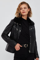Vivien Women's Black Fur Collar Leather Jacket | Derimod