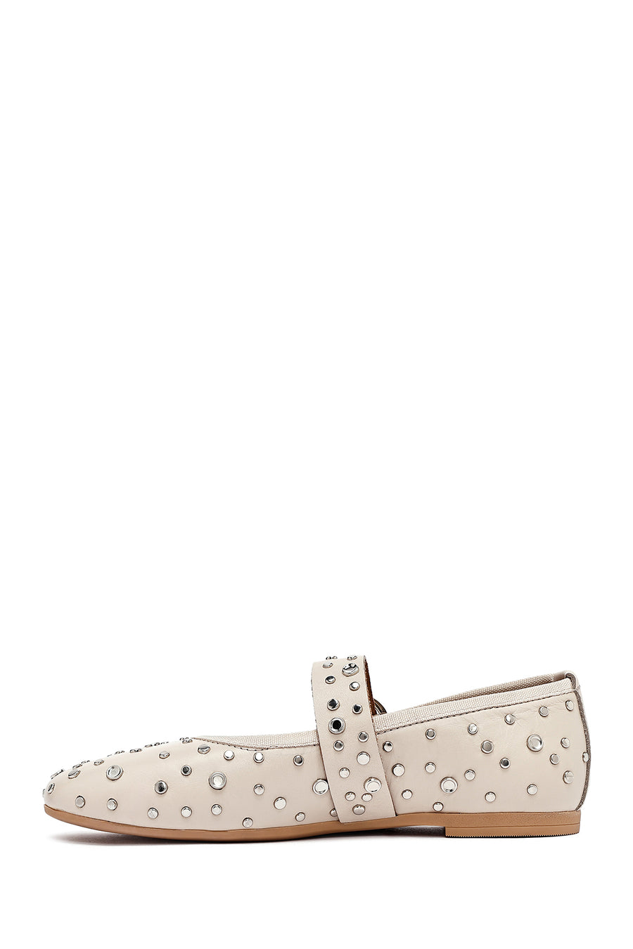 Women's Beige Buckled Stoned Leather Ballerinas