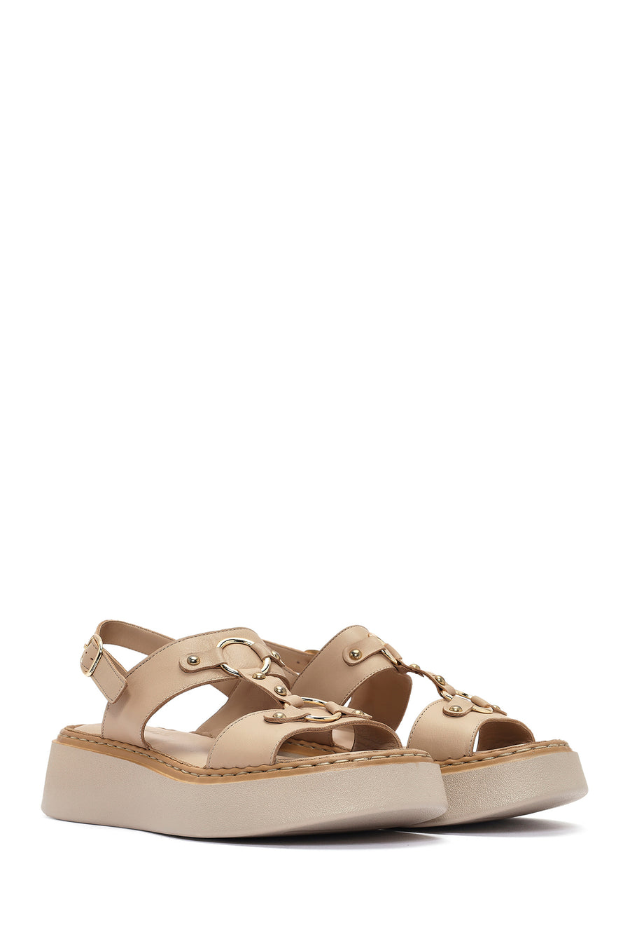 Women's Cream Ankle Buckle Thick Soled Leather Comfort Sandals
