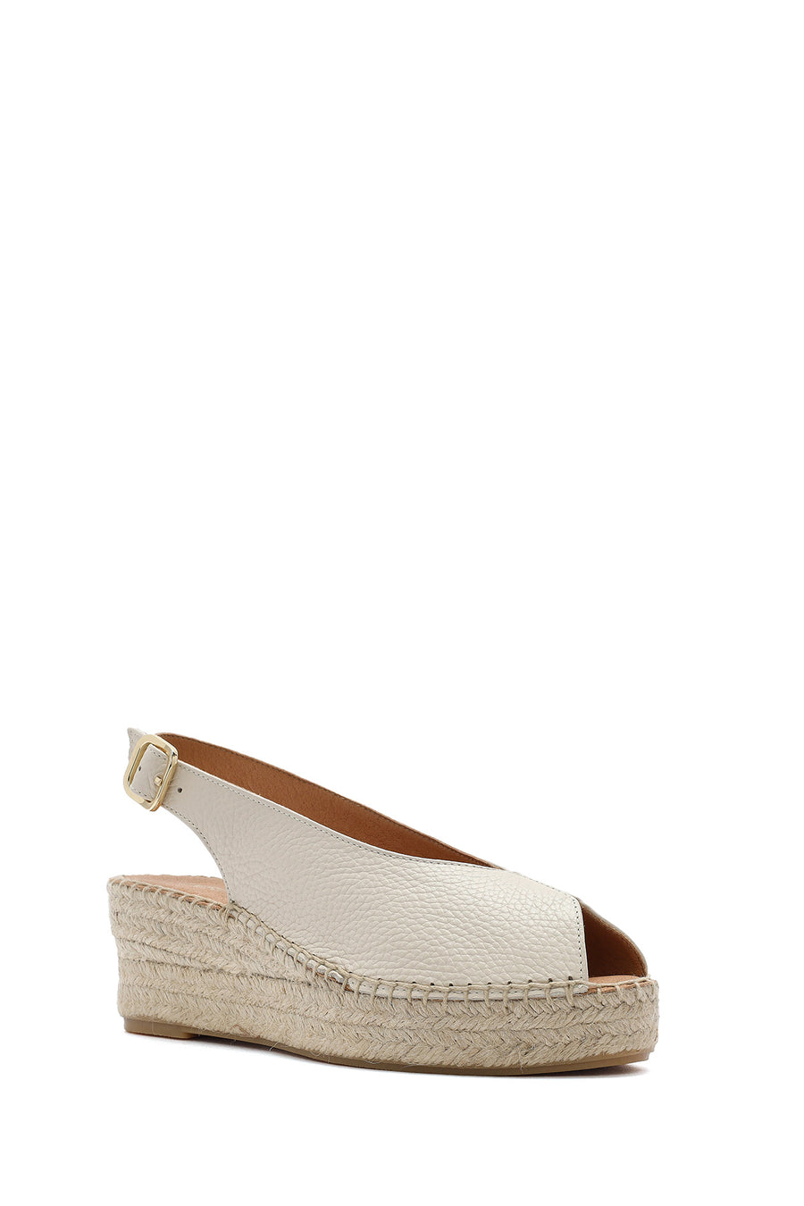Women's Cream Ankle Buckle Wedge Heel Leather Espadrille Sandals