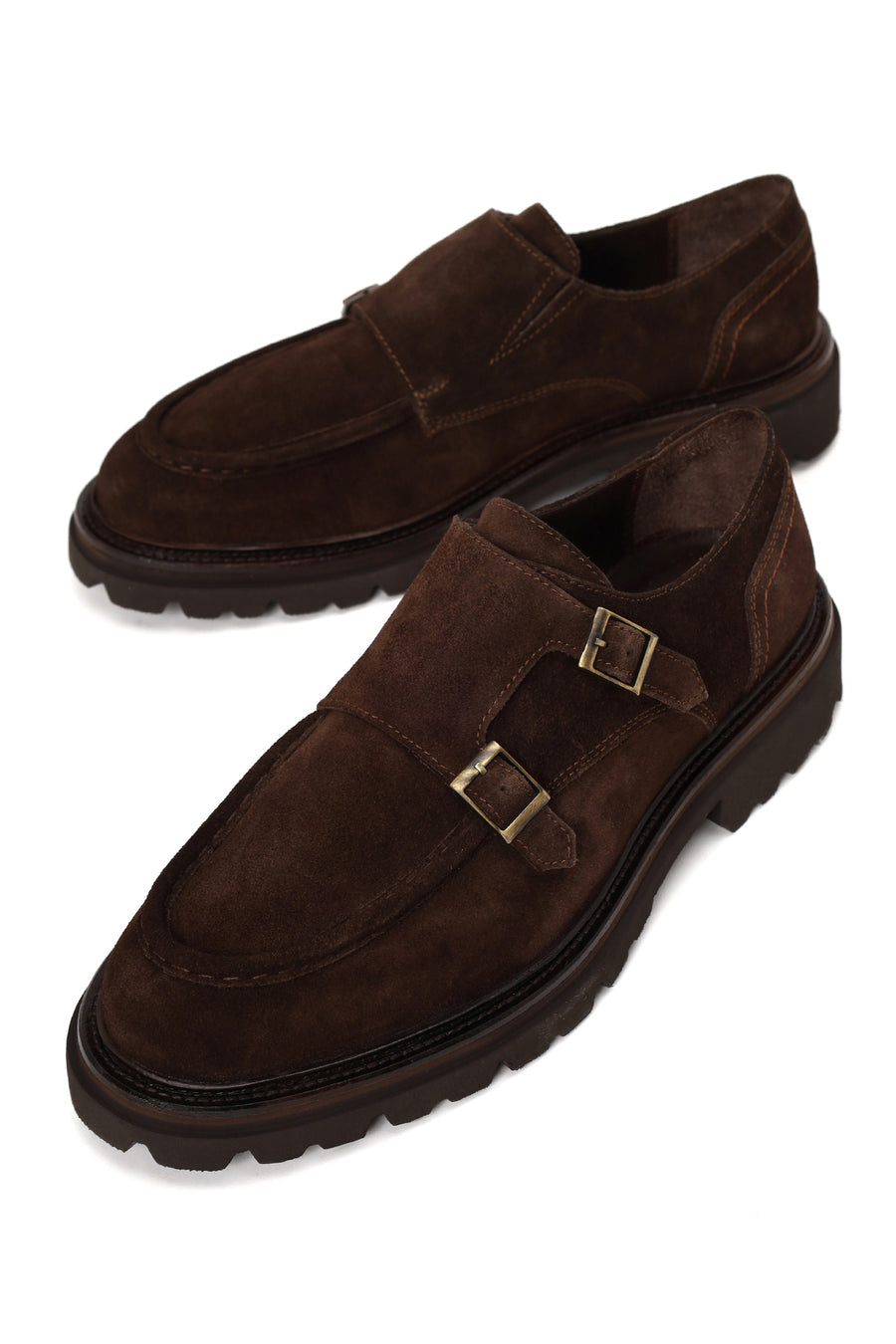Male Brown Double-Buckle Thick-Soled Suede Casual Shoes