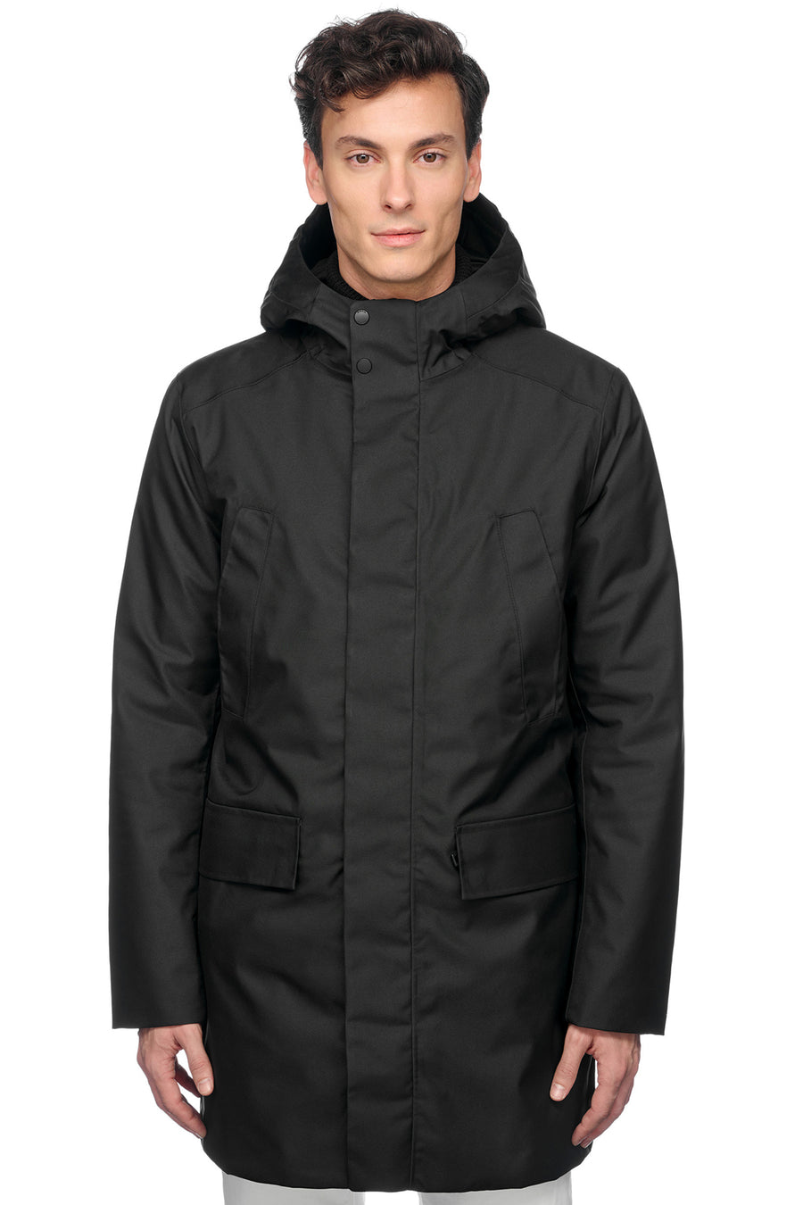 Geox Men's Black Clintford Zippered Hooded Long Coat