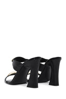 Women's Black Crocodile Patterned Leather High Thick Heeled Slippers | Derimod