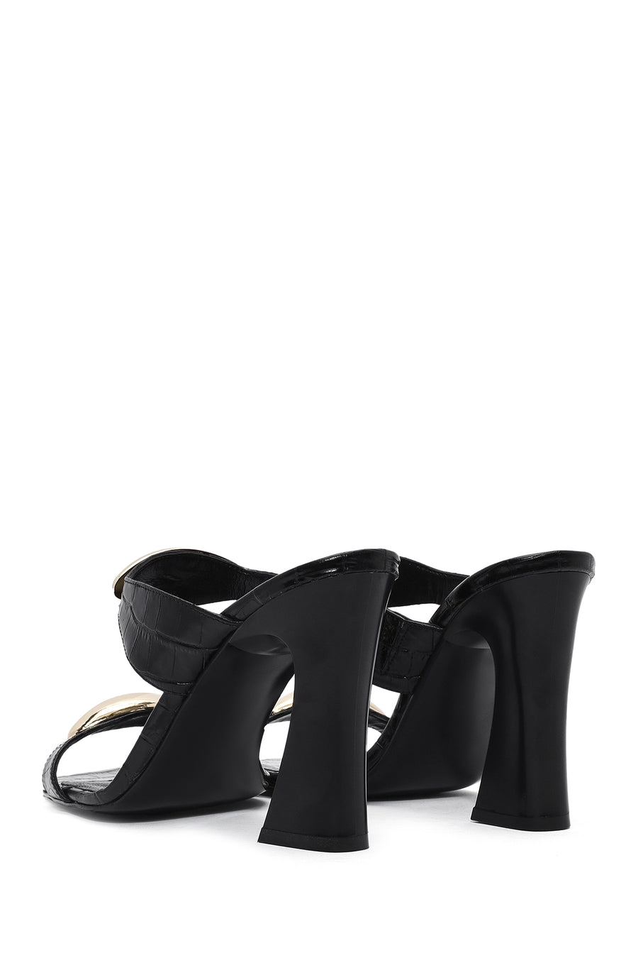 Women's Black Crocodile Patterned Leather High Thick Heeled Slippers