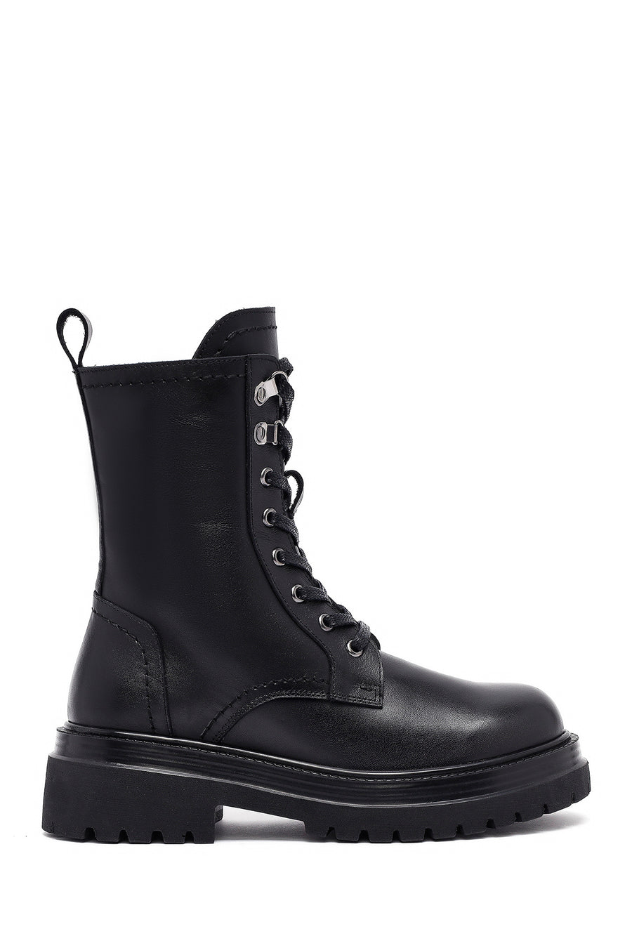 Woman Black Zippered Lace-Up Thick Sole Leather Postal Boots 25WFD202118 | Derimod