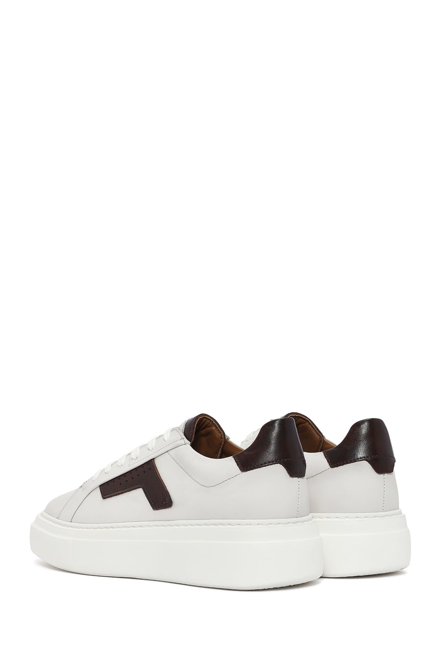Erkek Beyaz Bağcıklı Kalın Tabanlı Deri Sneaker