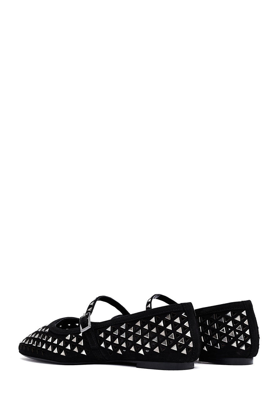 Women's Black Buckled Stoned Leather Ballerinas
