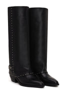 Woman Black Studded Chunky-Heeled Leather Cowboy Boots | Derimod