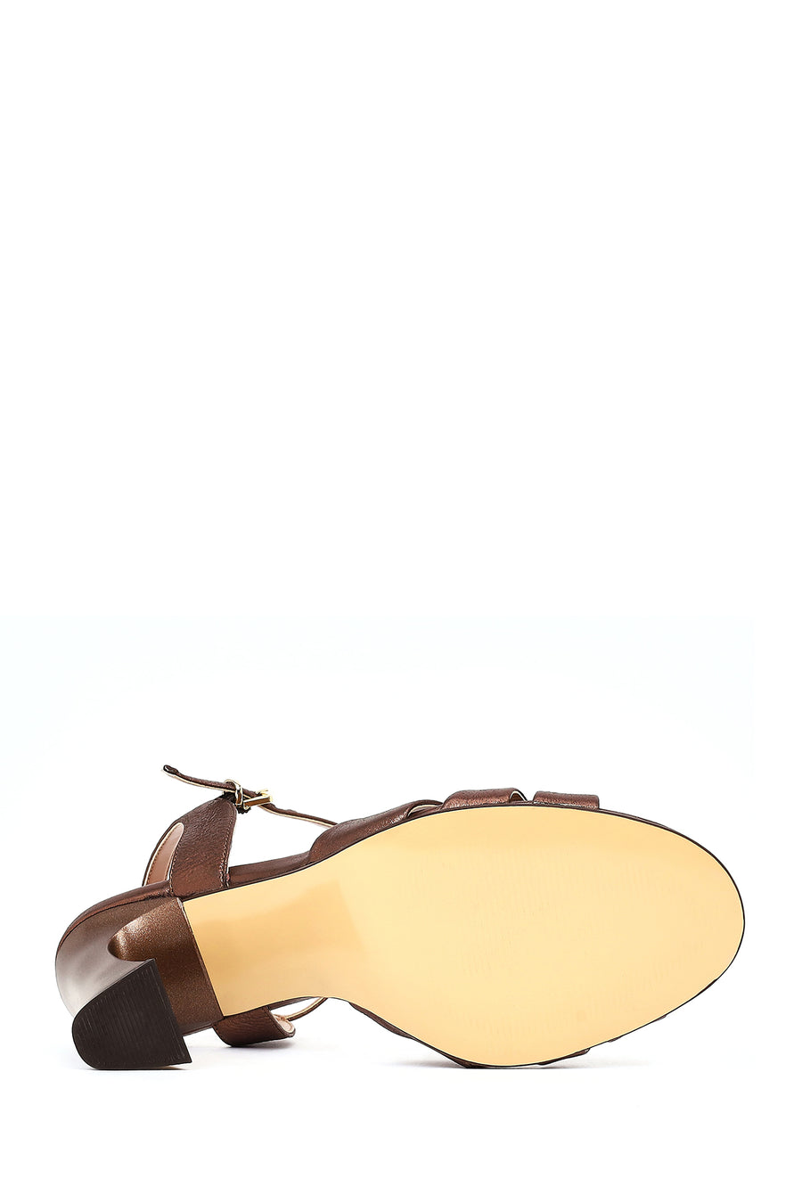 Women's Copper Ankle Buckle High Thick Heel Metallic Leather Sandals