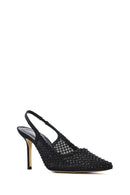 Women's Black Stoned Open Back Thin Heeled Leather Shoes | Derimod