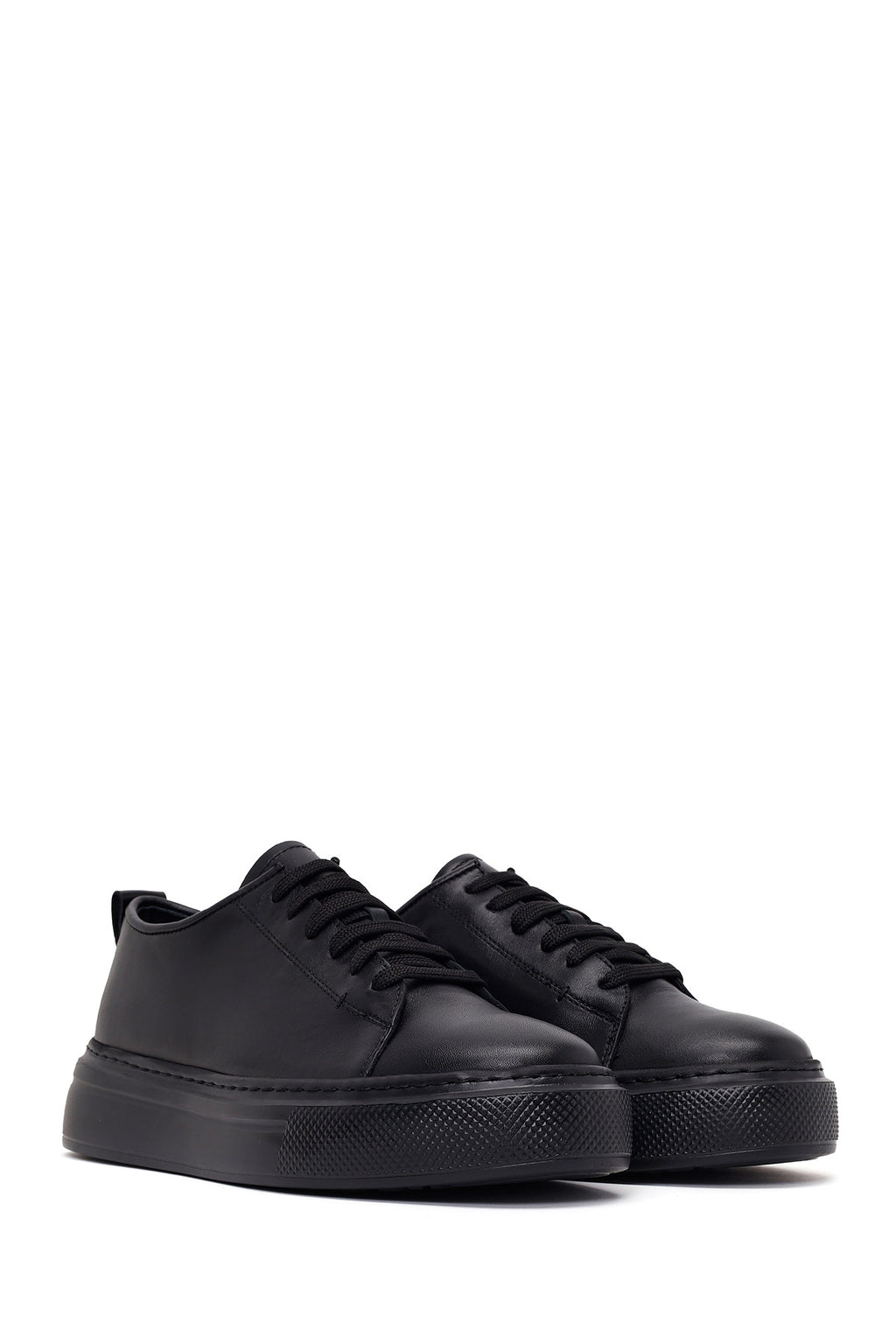 Erkek Siyah Bağcıklı Kalın Tabanlı Deri Sneaker