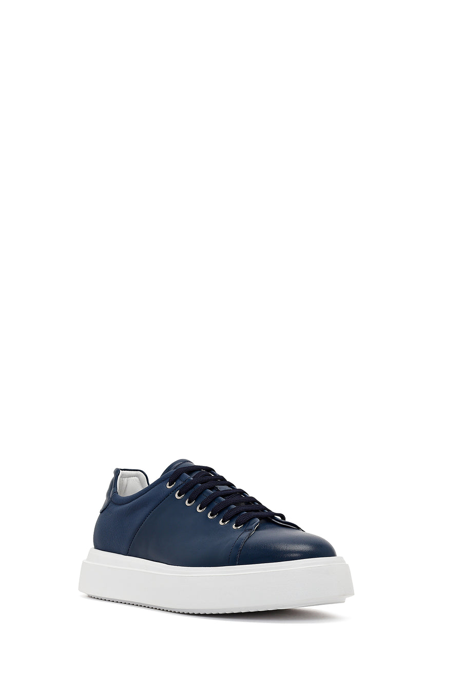 Men's Navy Blue Lace-up Thick-Sole Leather Sneaker