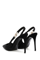 Women's Black Stoned Slingback Heeled Leather Shoes | Derimod
