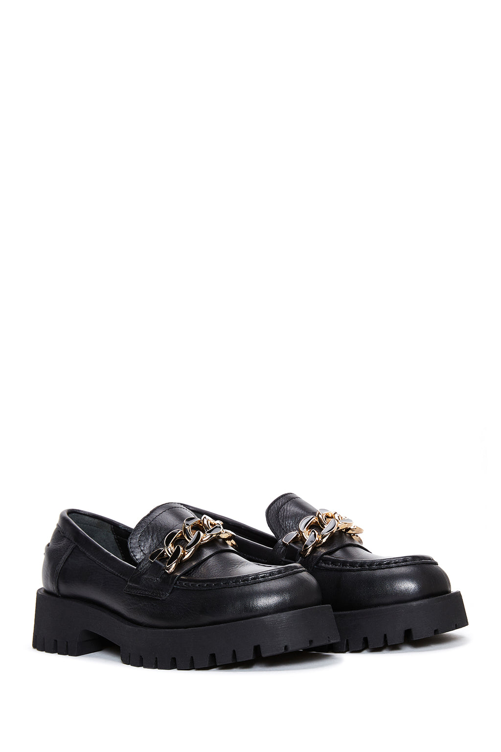 Kadın Siyah Zincir Detaylı Kalın Tabanlı Deri Casual Loafer