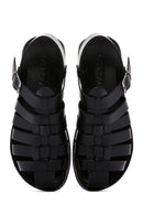 Men's Black Leather Buckle Flat Sandals | Derimod