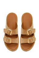 Woman Beige Double-Buckle Thick-Soled Suede Slipper | Derimod