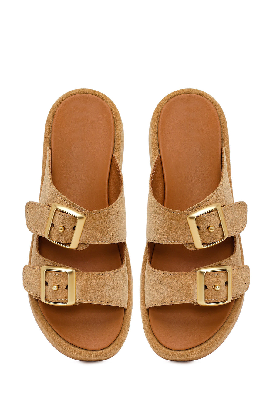 Woman Beige Double-Buckle Thick-Soled Suede Slipper