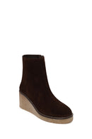 Woman Brown Zip Closure Wedge-Heel Suede Leather Boots | Derimod