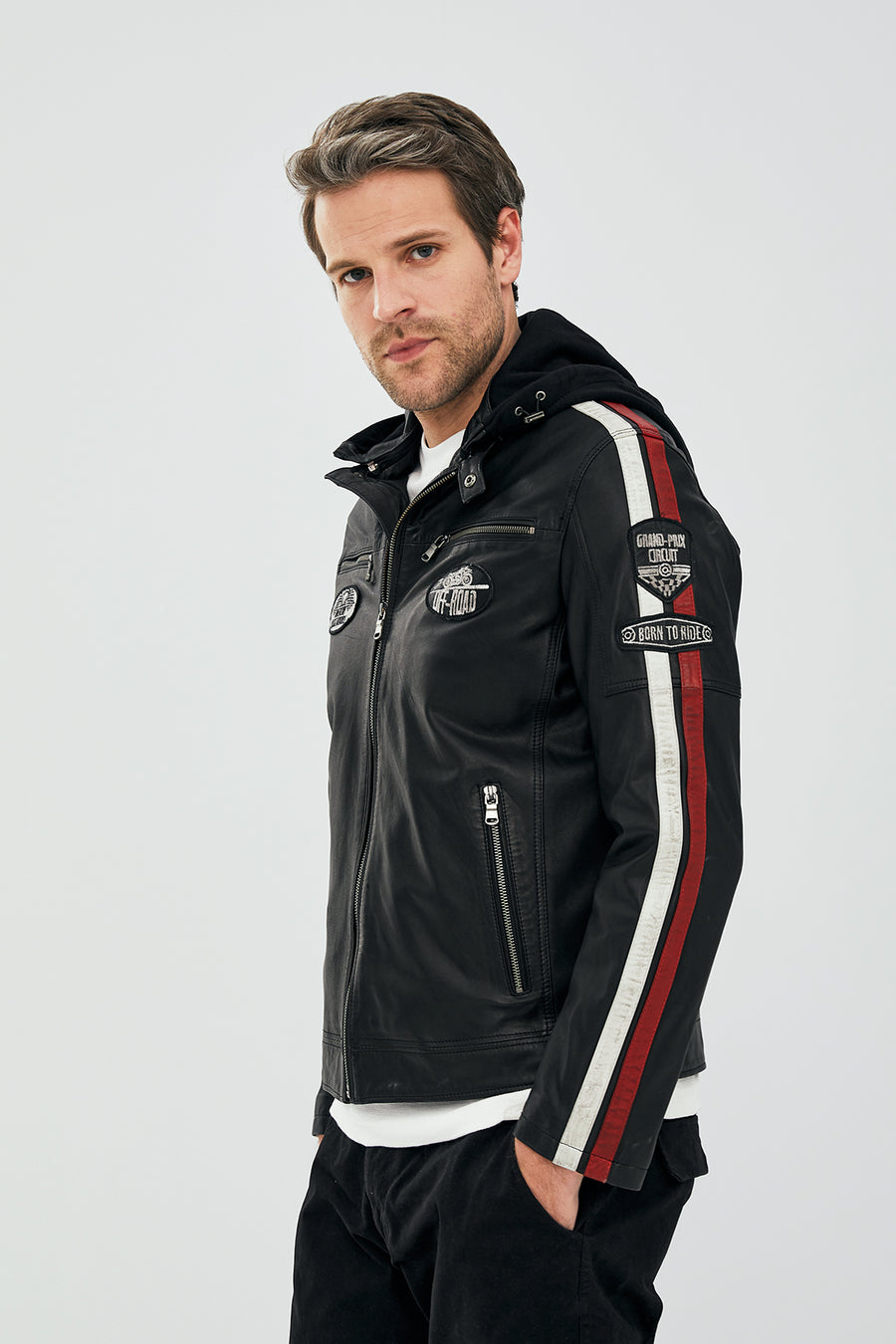 Formula Men's Black Embroidered Hooded Sports Leather Coat
