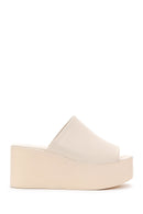 Women's Beige Leather Wedge Heel Slippers | Derimod
