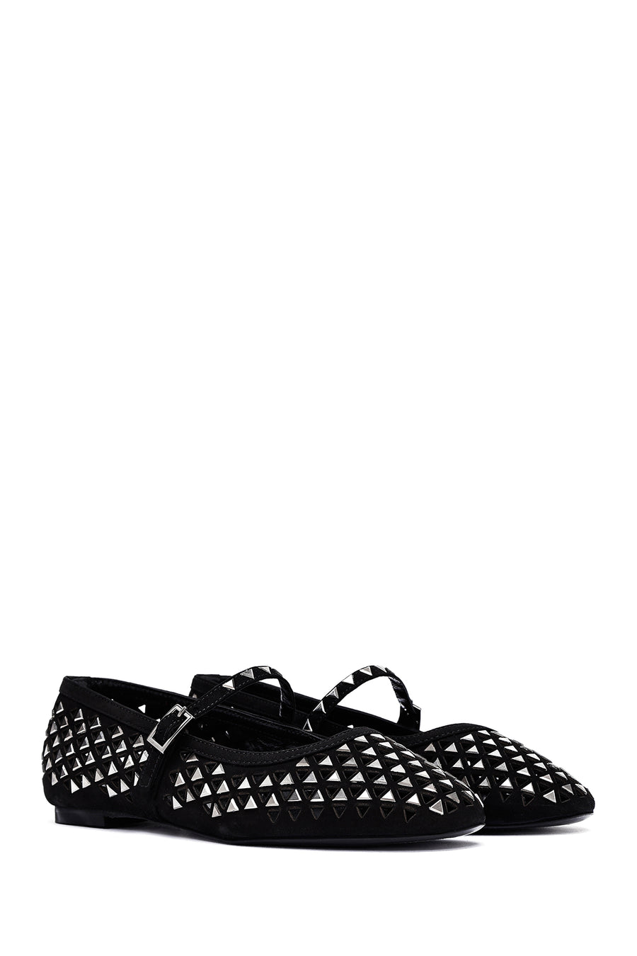 Women's Black Buckled Stoned Leather Ballerinas