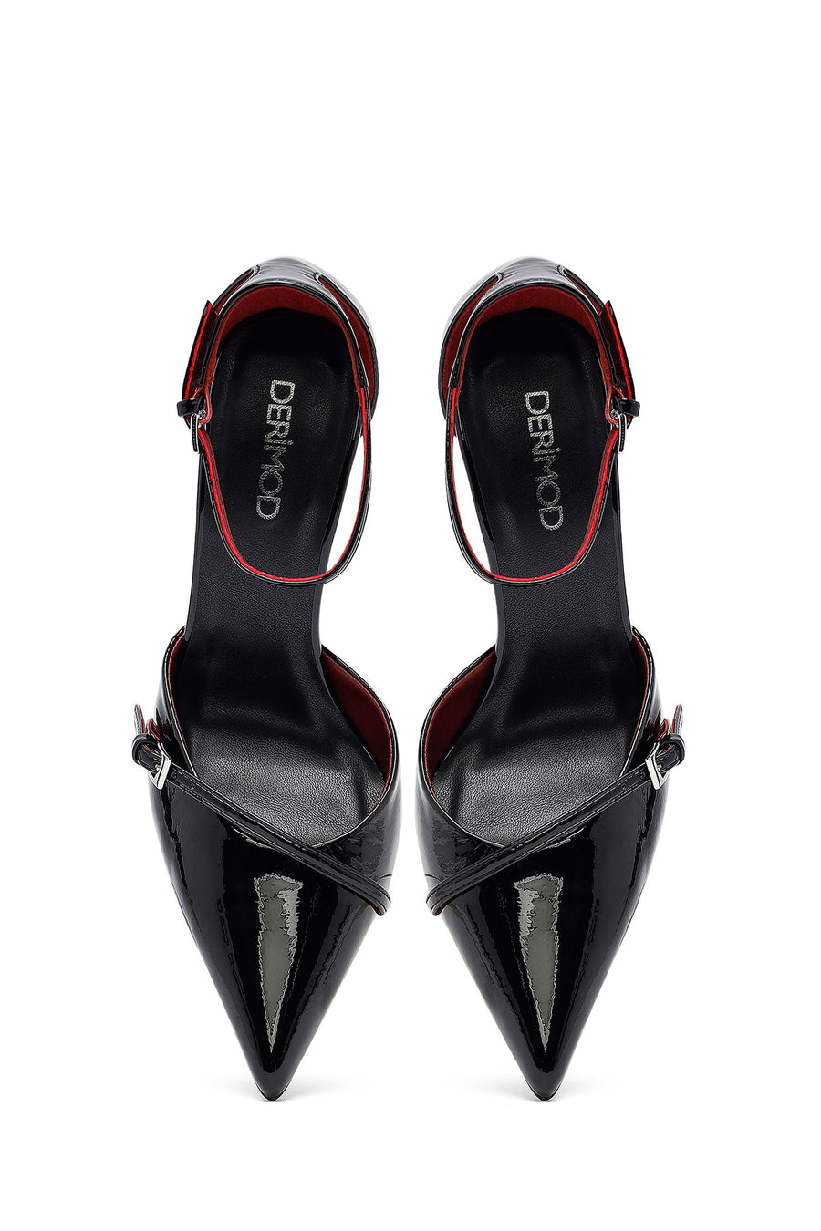 Woman Black Ankle-Strap Buckled High Slim-Heel Patent Leather Stiletto