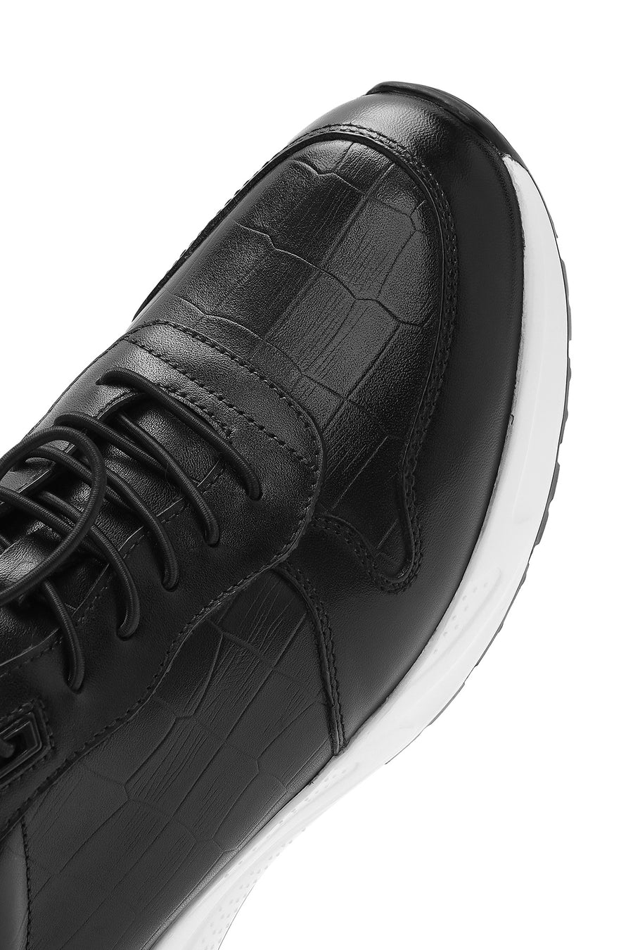 Men's Black Crocodile Patterned Lace-Up Leather Sneakers