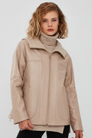 Roma Women's Beige Hooded Double-Sided Oversize Leather Jacket | Derimod