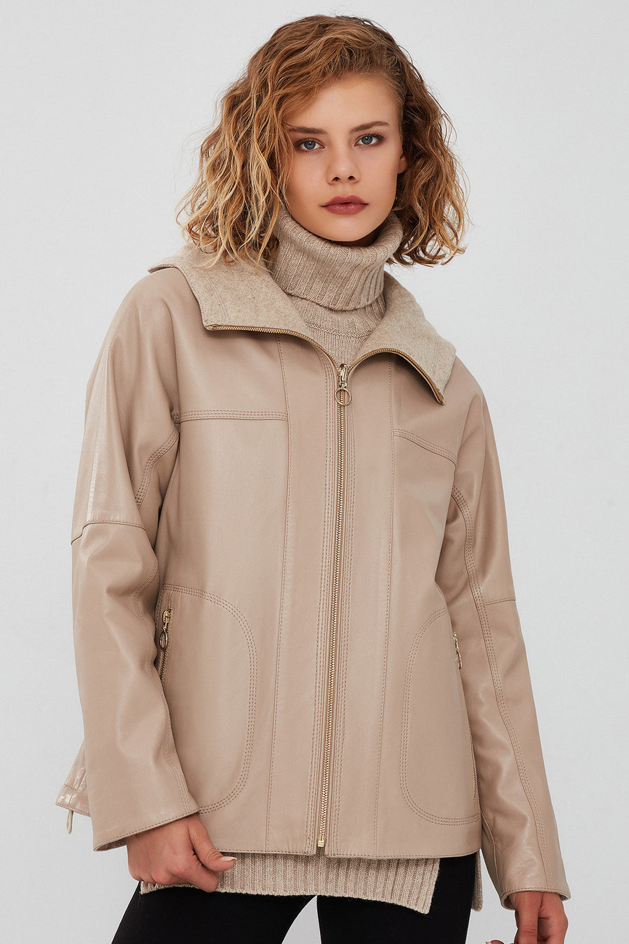 Roma Women's Beige Hooded Double-Sided Oversize Leather Jacket