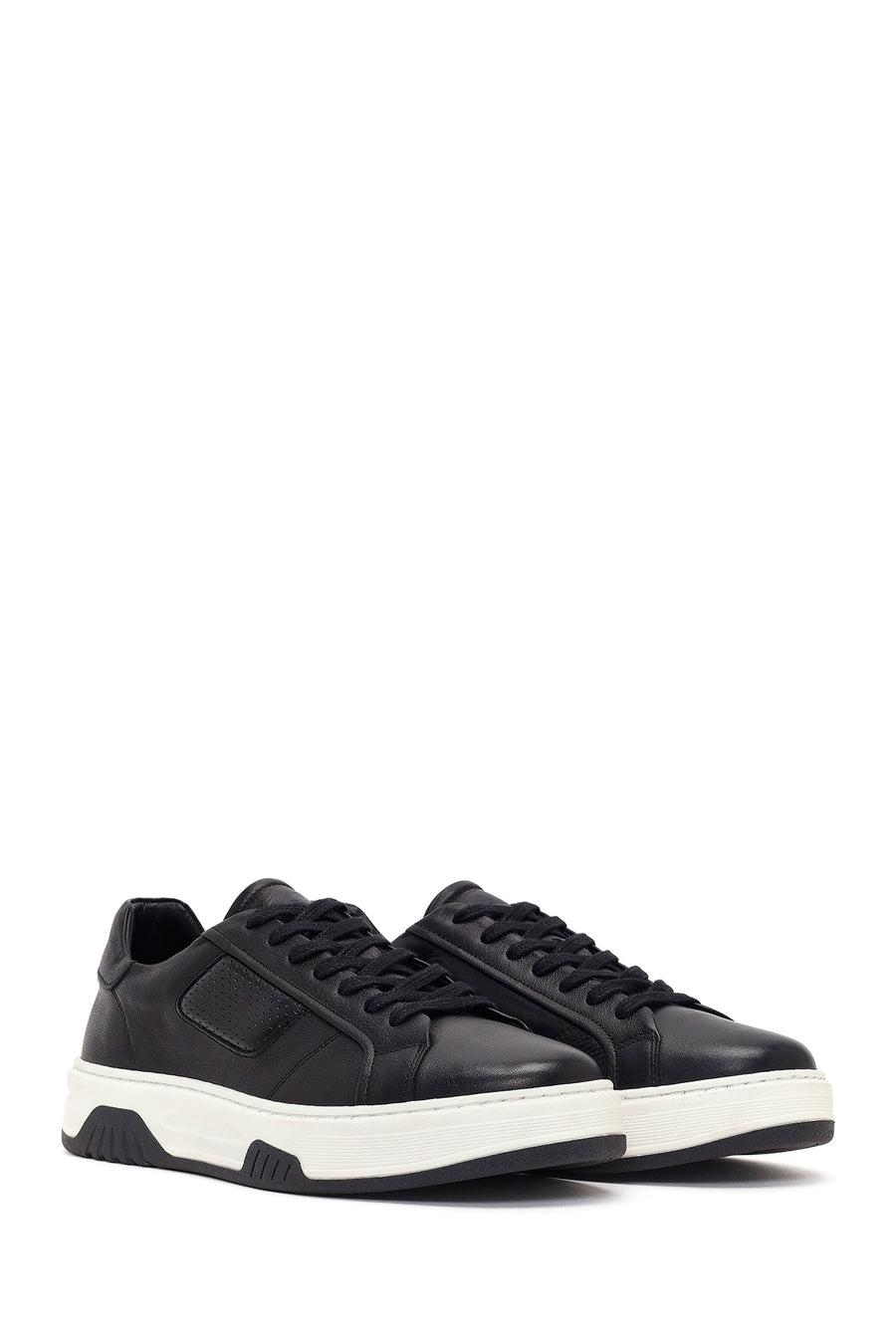 Erkek Siyah Kalın Tabanlı Bağcıklı Deri Sneaker