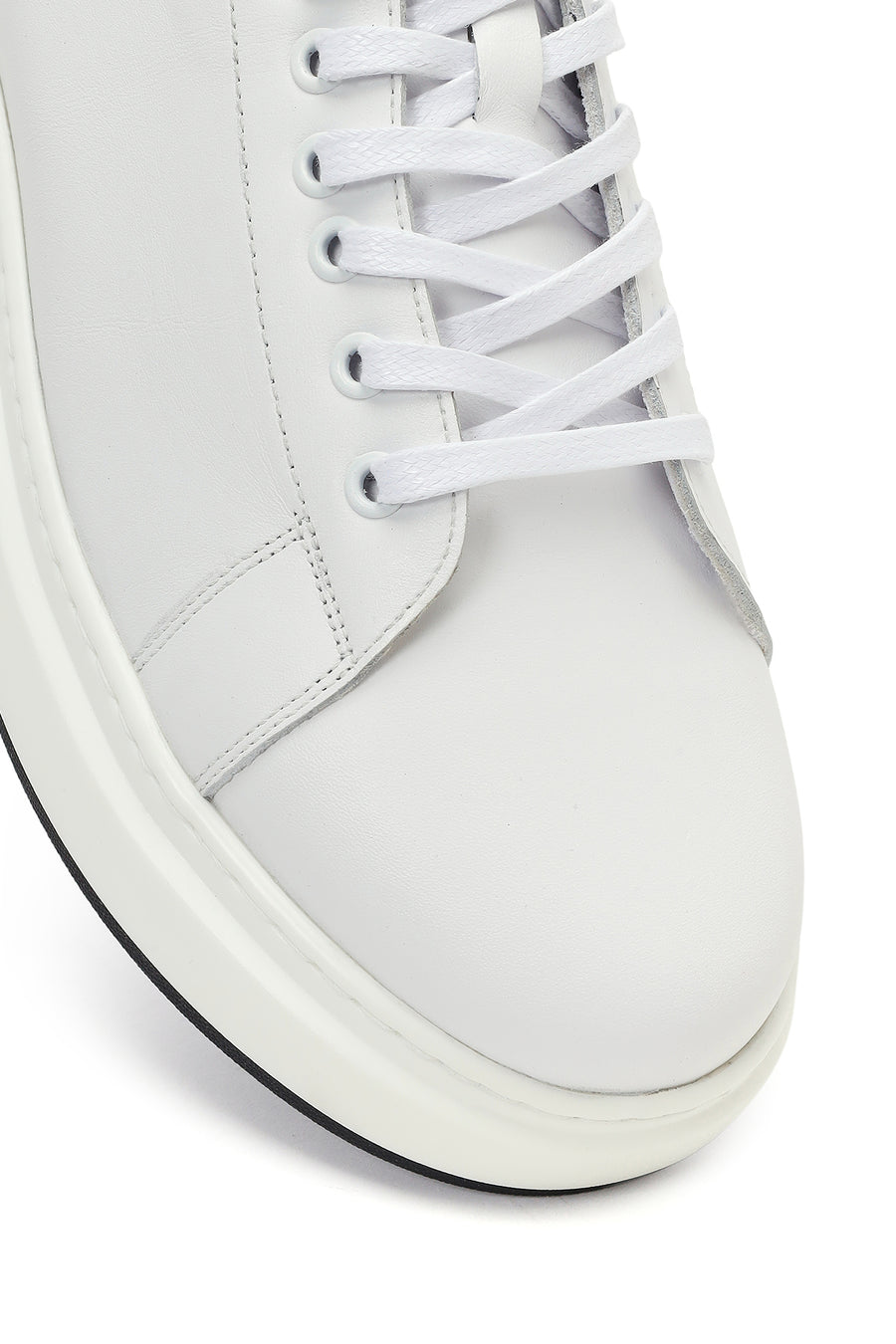 Men's White Lace-up Thick-Sole Leather Sneaker