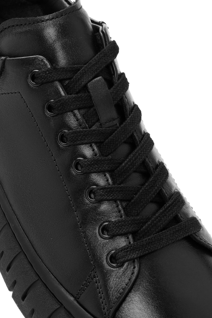 Erkek Siyah Bağcıklı Deri Sneaker