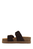 Women's Brown Double Buckle Leopard Print Chunky Sole Suede Leather Slippers | Derimod