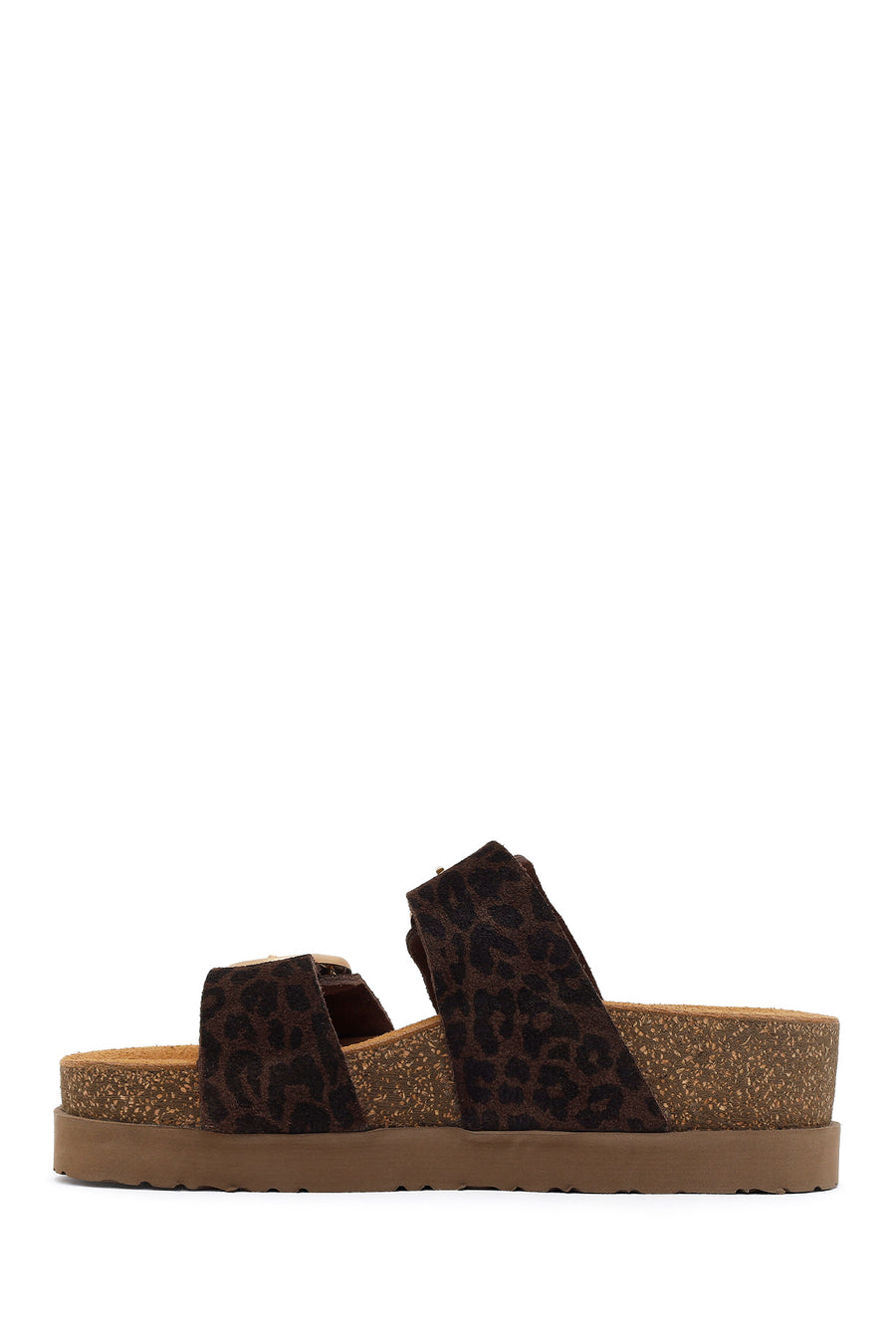 Women's Brown Double Buckle Leopard Print Chunky Sole Suede Leather Slippers