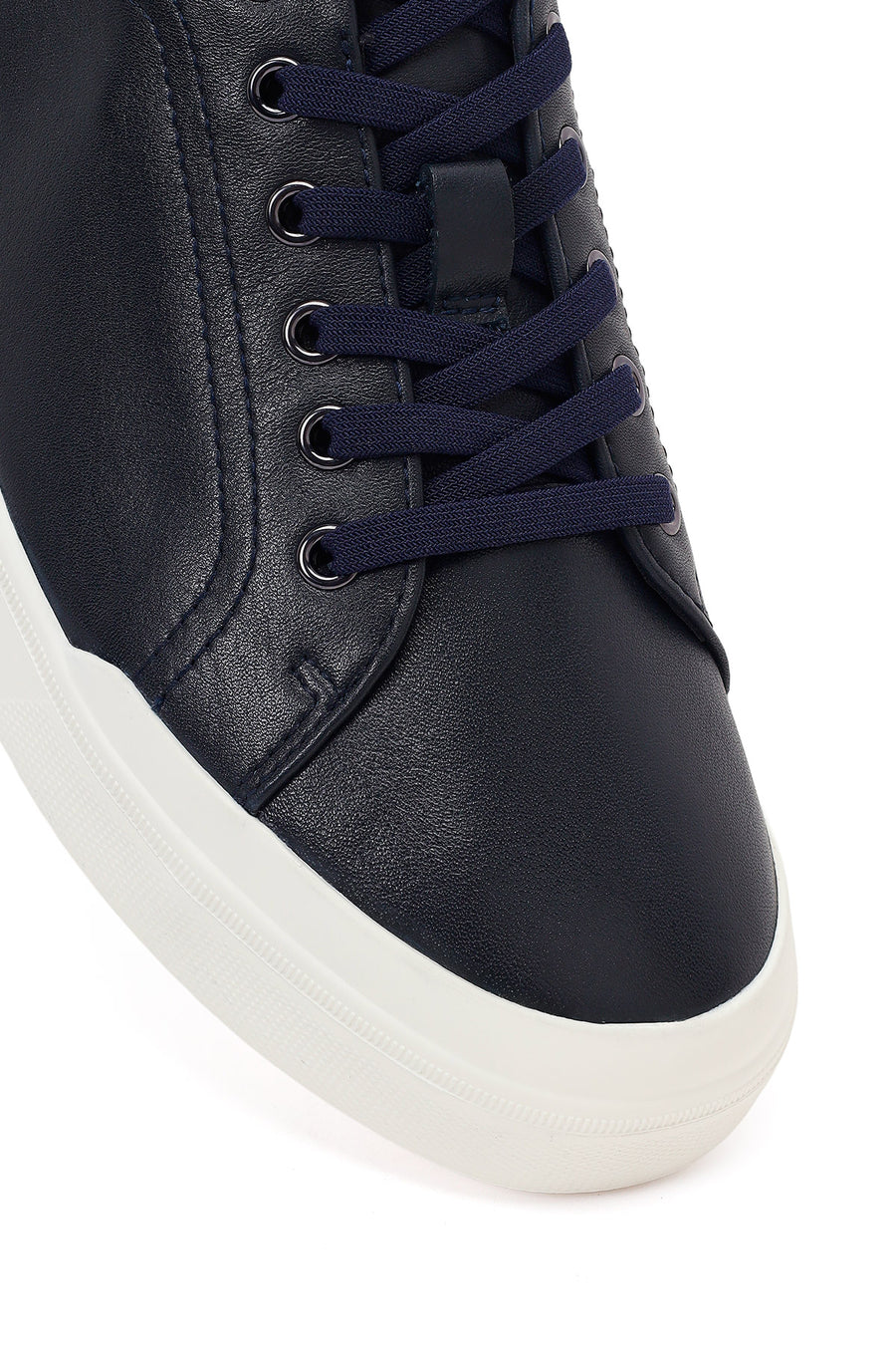 Erkek Lacivert Bağcıklı Deri Sneaker
