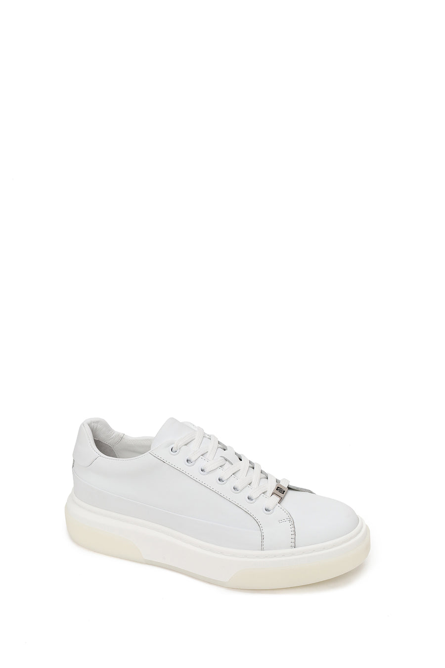 Male White Lace-Up Thick-Soled Leather Sneaker