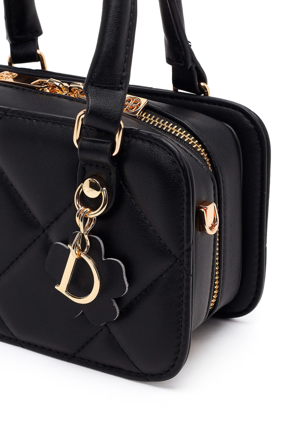 Woman Black Long-Strap Quilted Charmed Mini Shoulder Bag