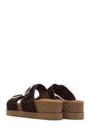 Women's Brown Double Buckle Leopard Print Chunky Sole Suede Leather Slippers | Derimod