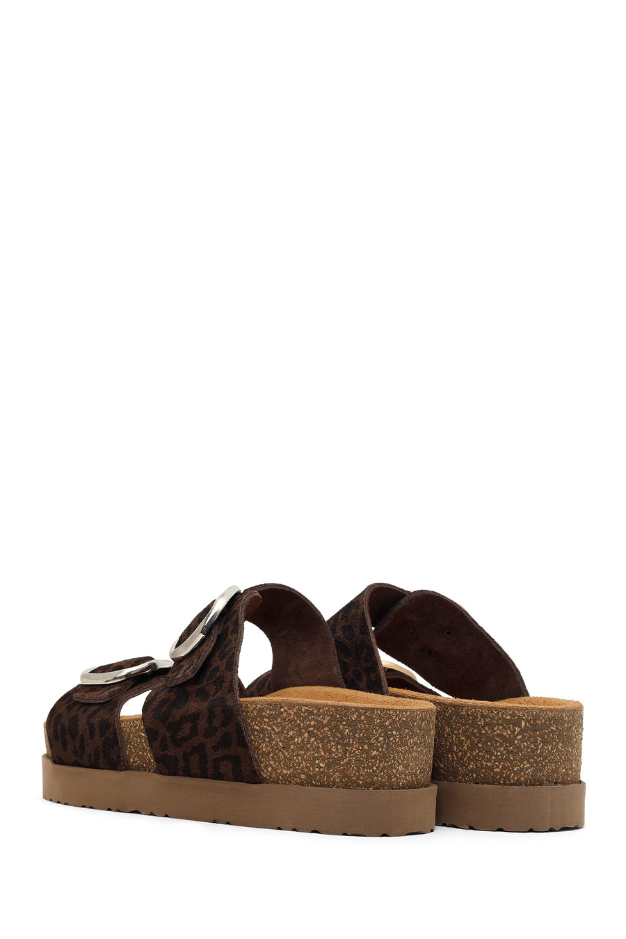 Women's Brown Double Buckle Leopard Print Chunky Sole Suede Leather Slippers